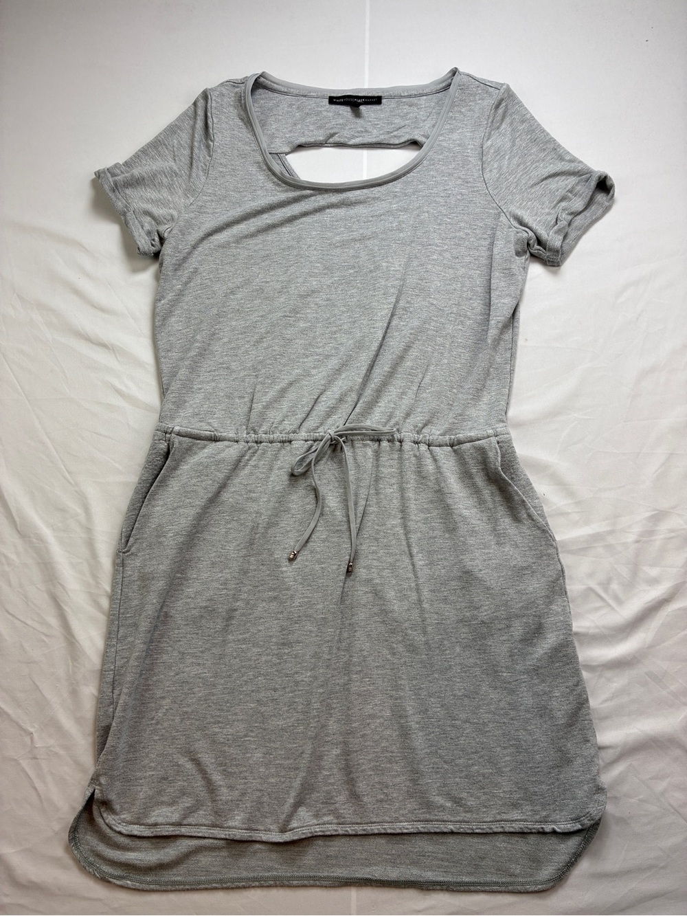 White House Black Market Light Gray Drawstring Midi T‑Shirt Dress Cutout